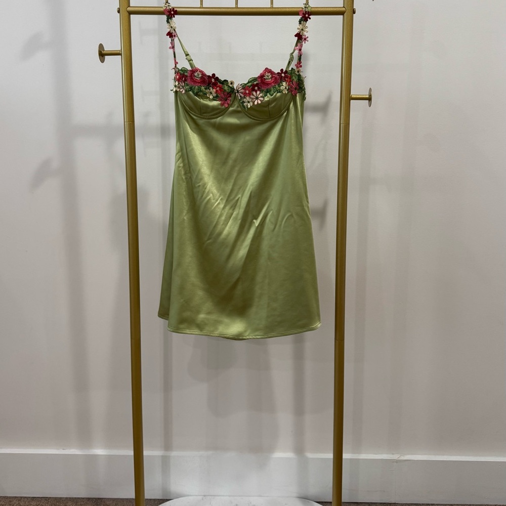 Princess Polly Green Satin Chemise with Floral Accents